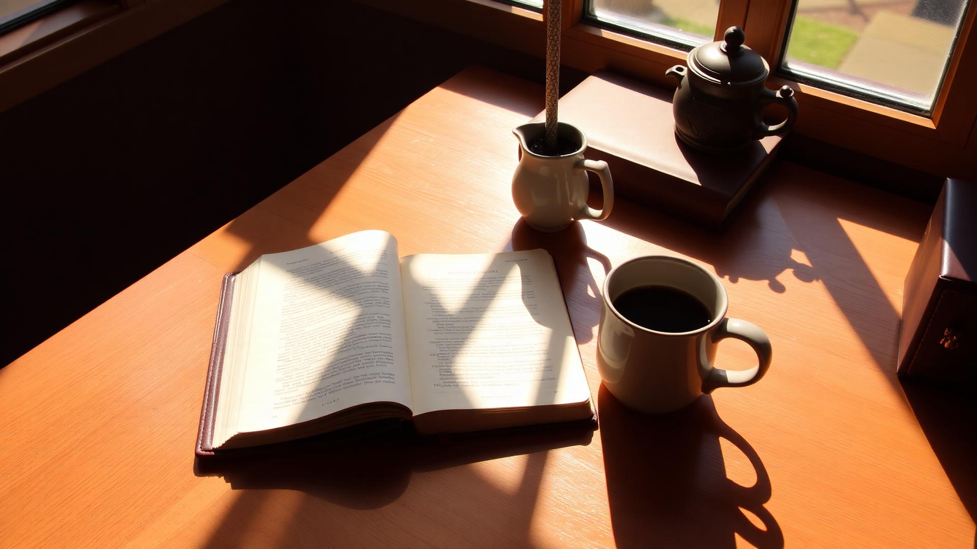 A warm study desk with an open journal and coffee